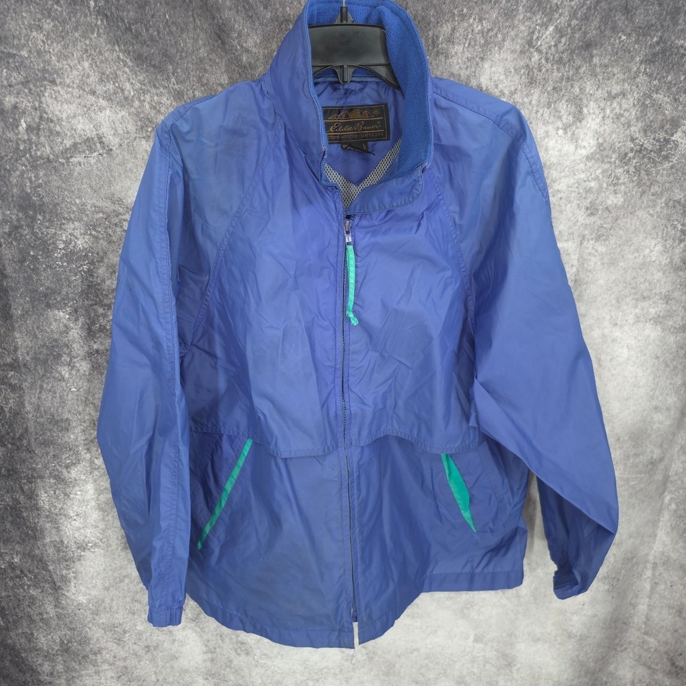 Eddie Bauer Rain Jacket Mens Large Blue Full Zip Windbreaker Nylon Lightweight